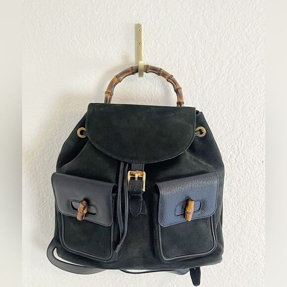 Gucci Black Suede Backpack with Bamboo Details - Picture 2 of 15